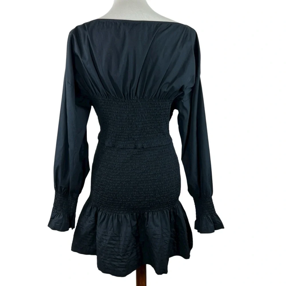 Derek Lam Collective Black Smocked Long Sleeve Ruffle Hem Cotton Mini Dress
